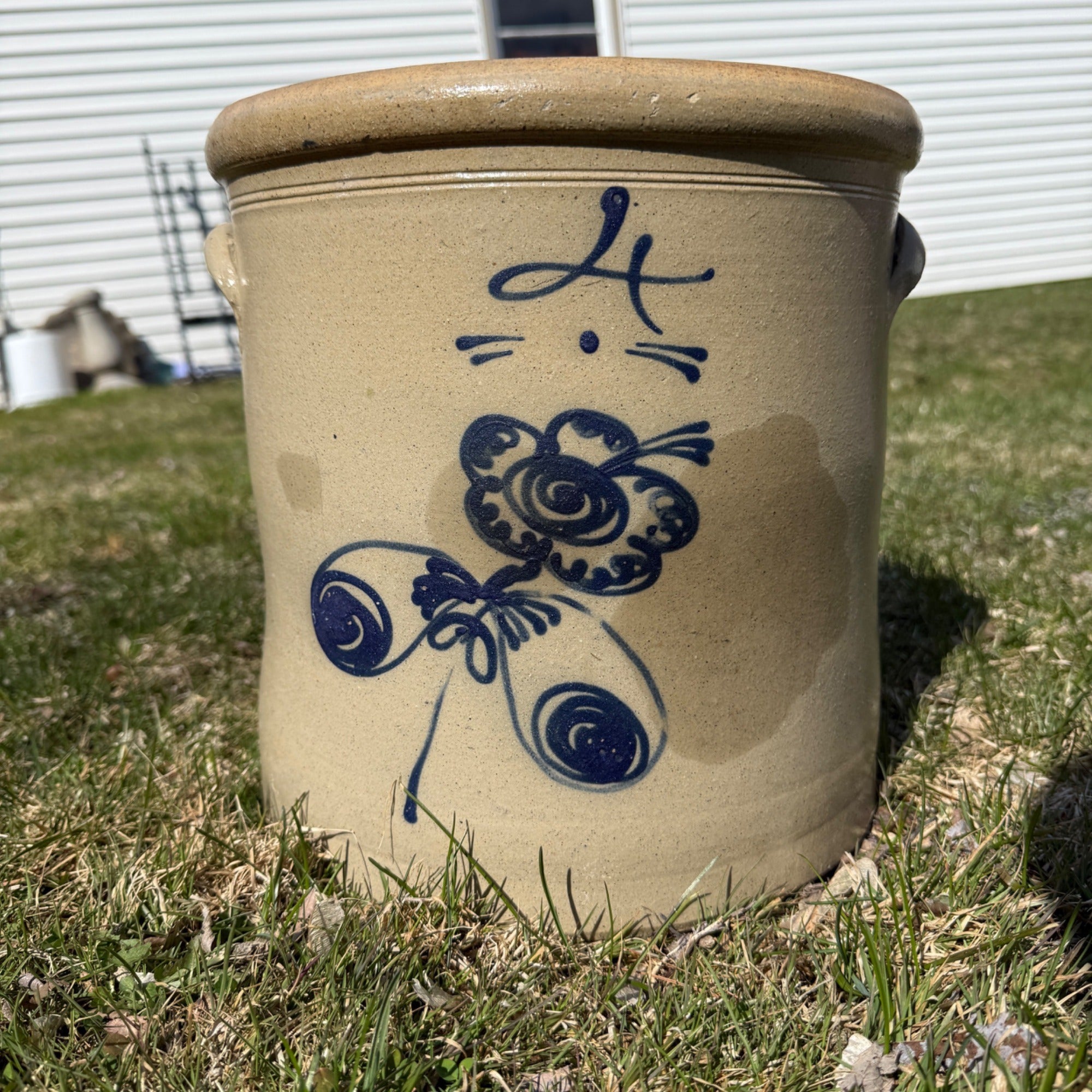 1800s Antique 4 Gallon Salt Glaze Stoneware Crock Cobalt Decorated Akron Ohio