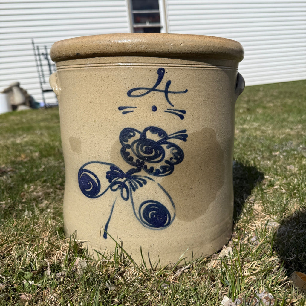 1800s Antique 4 Gallon Salt Glaze Stoneware Crock Cobalt Decorated Akron Ohio