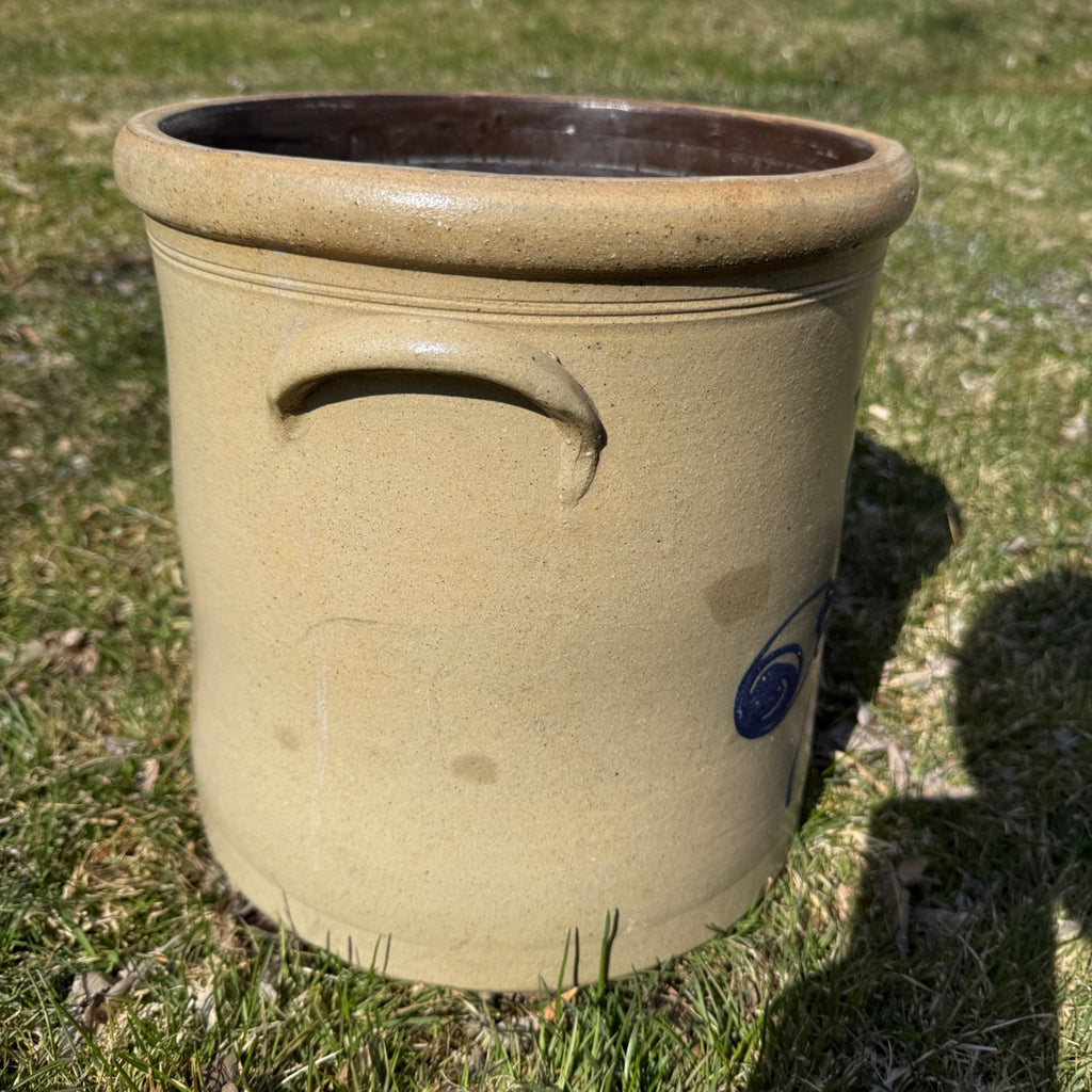 1800s Antique 4 Gallon Salt Glaze Stoneware Crock Cobalt Decorated Akron Ohio