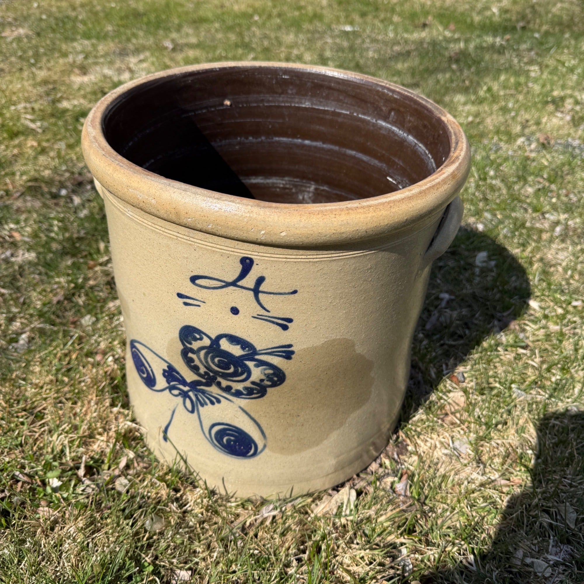 1800s Antique 4 Gallon Salt Glaze Stoneware Crock Cobalt Decorated Akron Ohio