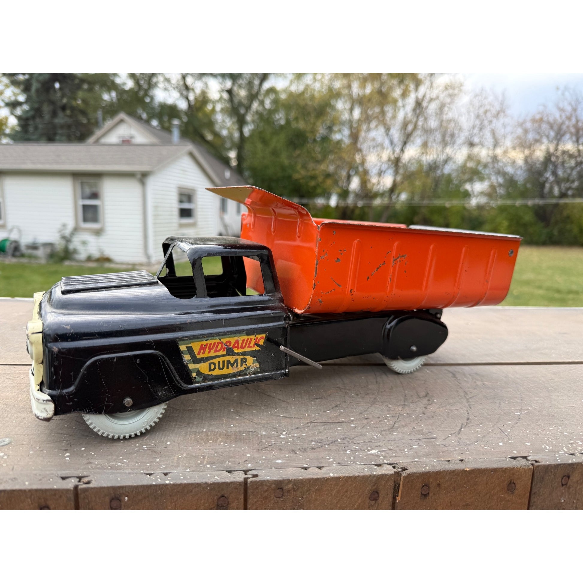 Vintage Marx Hydraulic Dump Truck Black & Orange Pressed Steel Toy