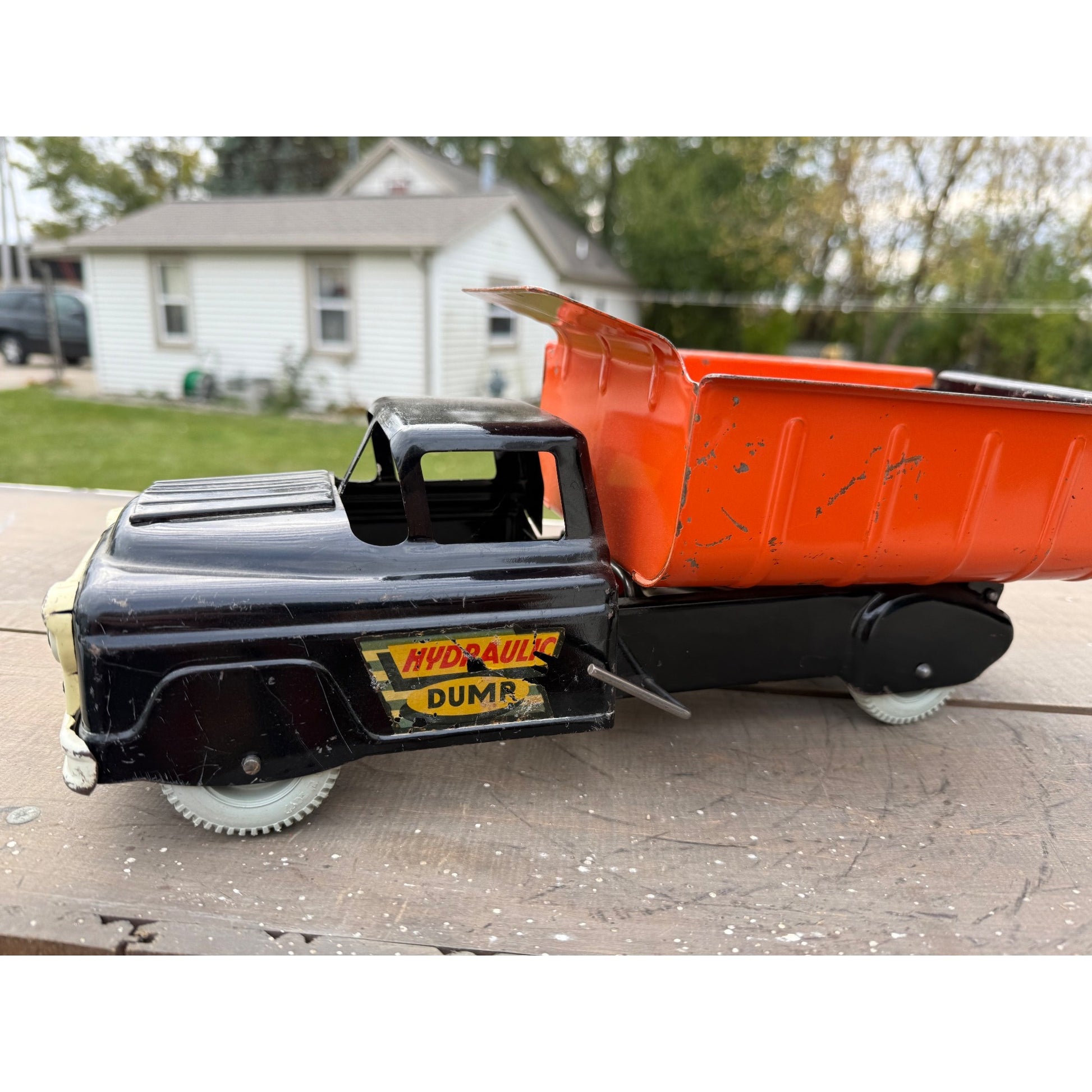 Vintage Marx Hydraulic Dump Truck Black & Orange Pressed Steel Toy