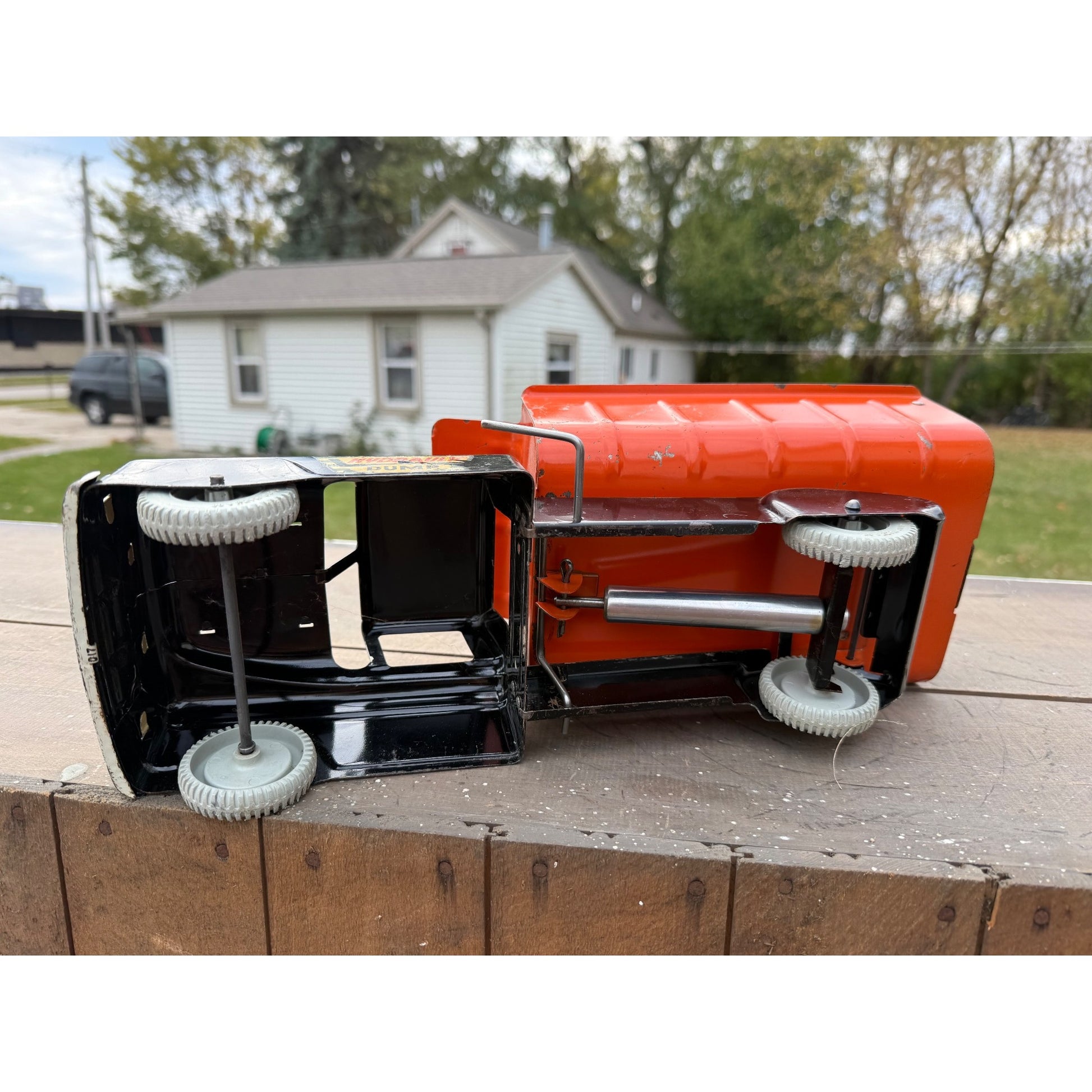 Vintage Marx Hydraulic Dump Truck Black & Orange Pressed Steel Toy