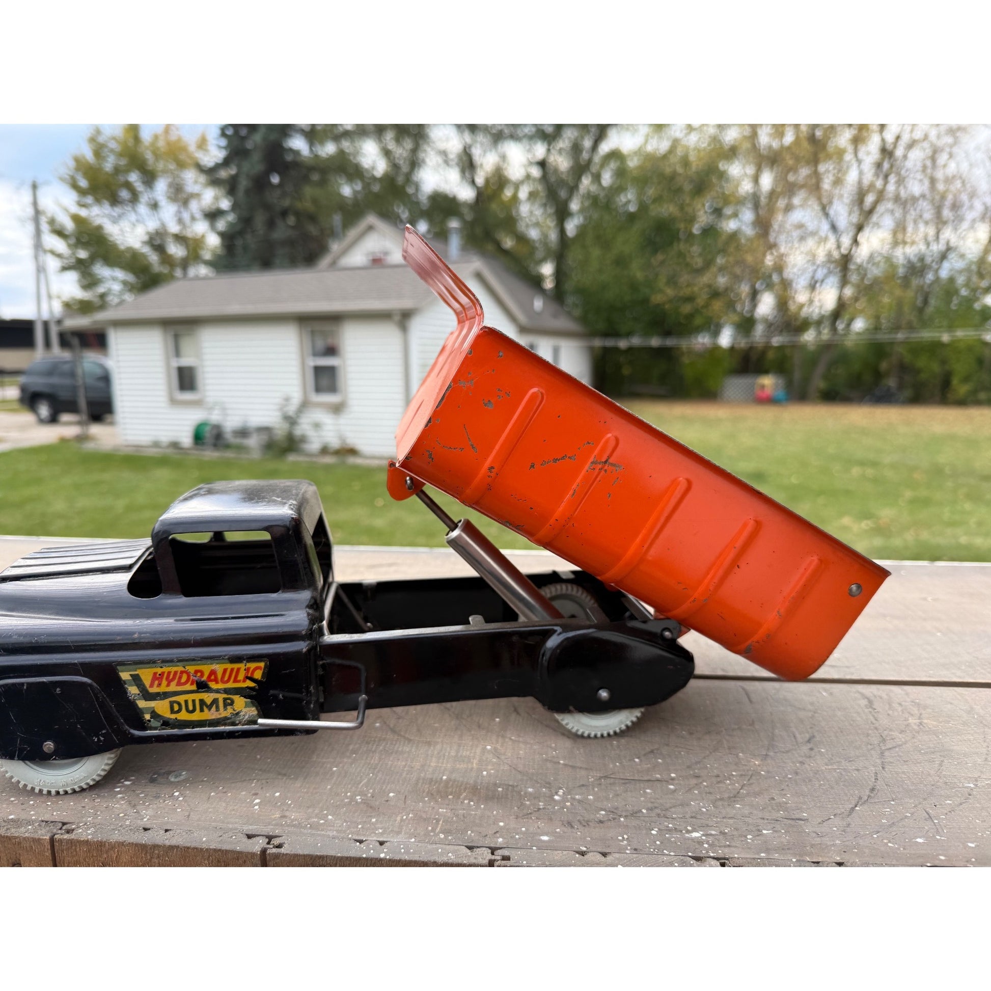 Vintage Marx Hydraulic Dump Truck Black & Orange Pressed Steel Toy