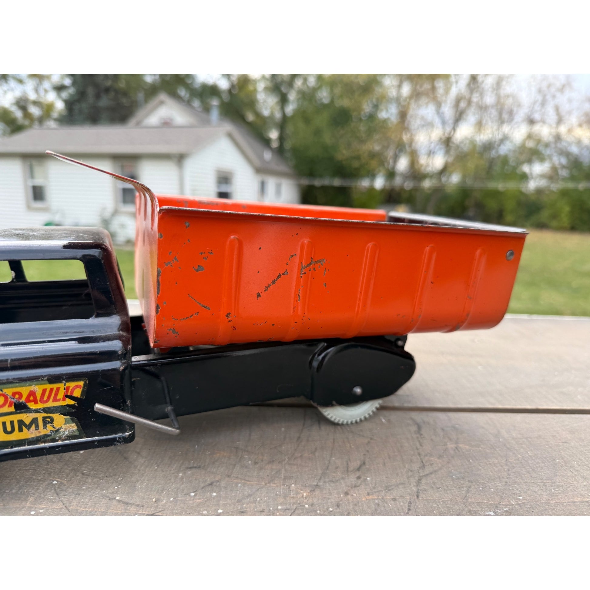 Vintage Marx Hydraulic Dump Truck Black & Orange Pressed Steel Toy