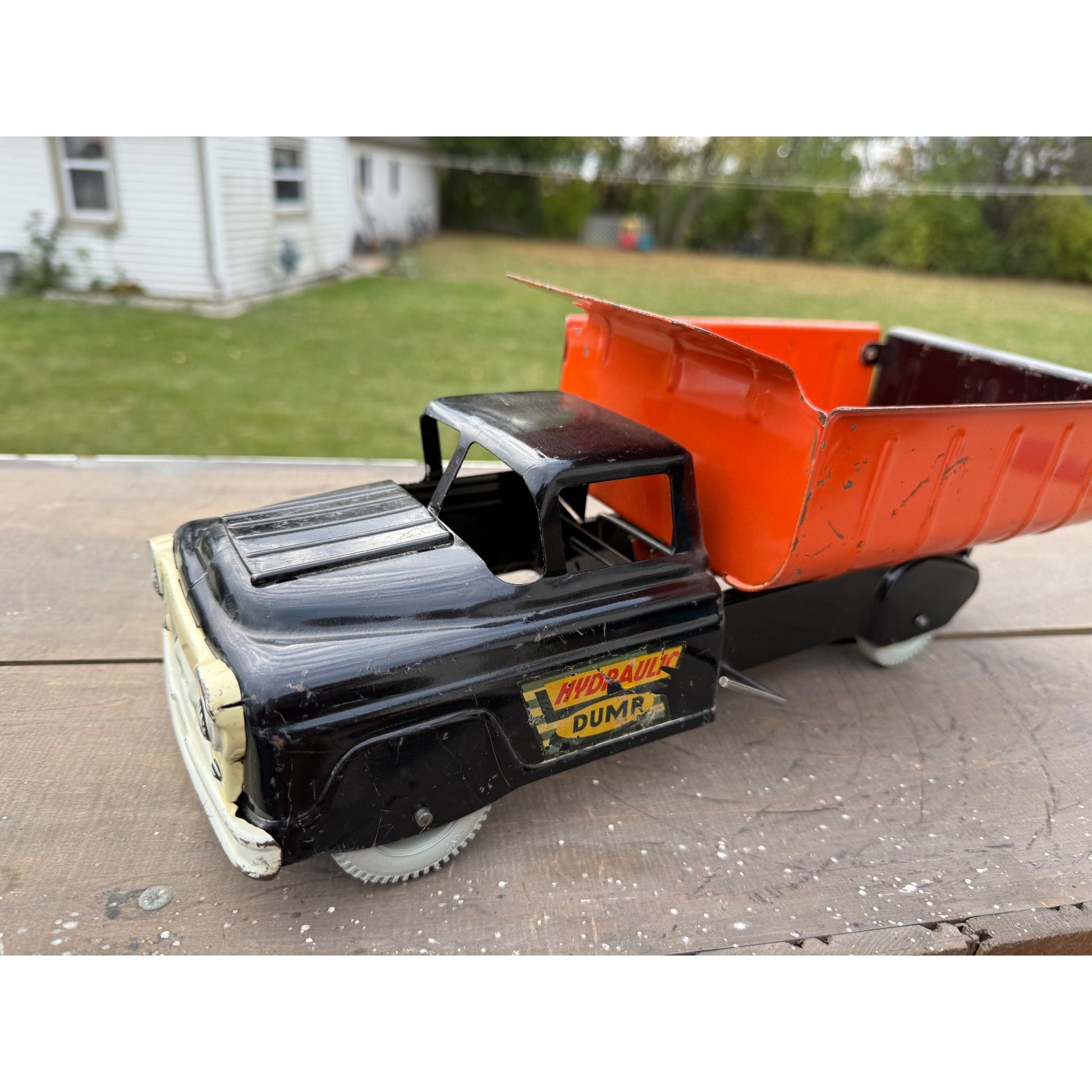 Vintage Marx Hydraulic Dump Truck Black & Orange Pressed Steel Toy