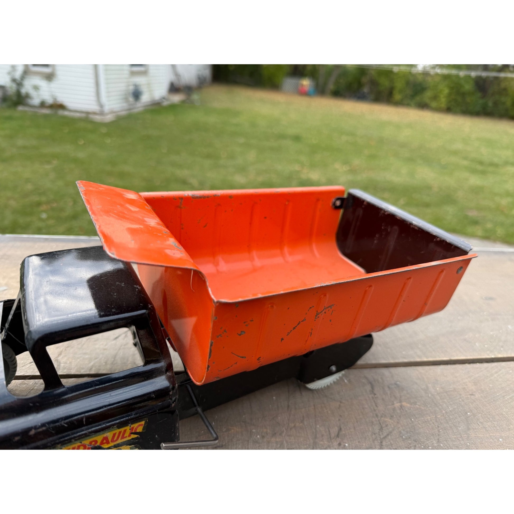 Vintage Marx Hydraulic Dump Truck Black & Orange Pressed Steel Toy