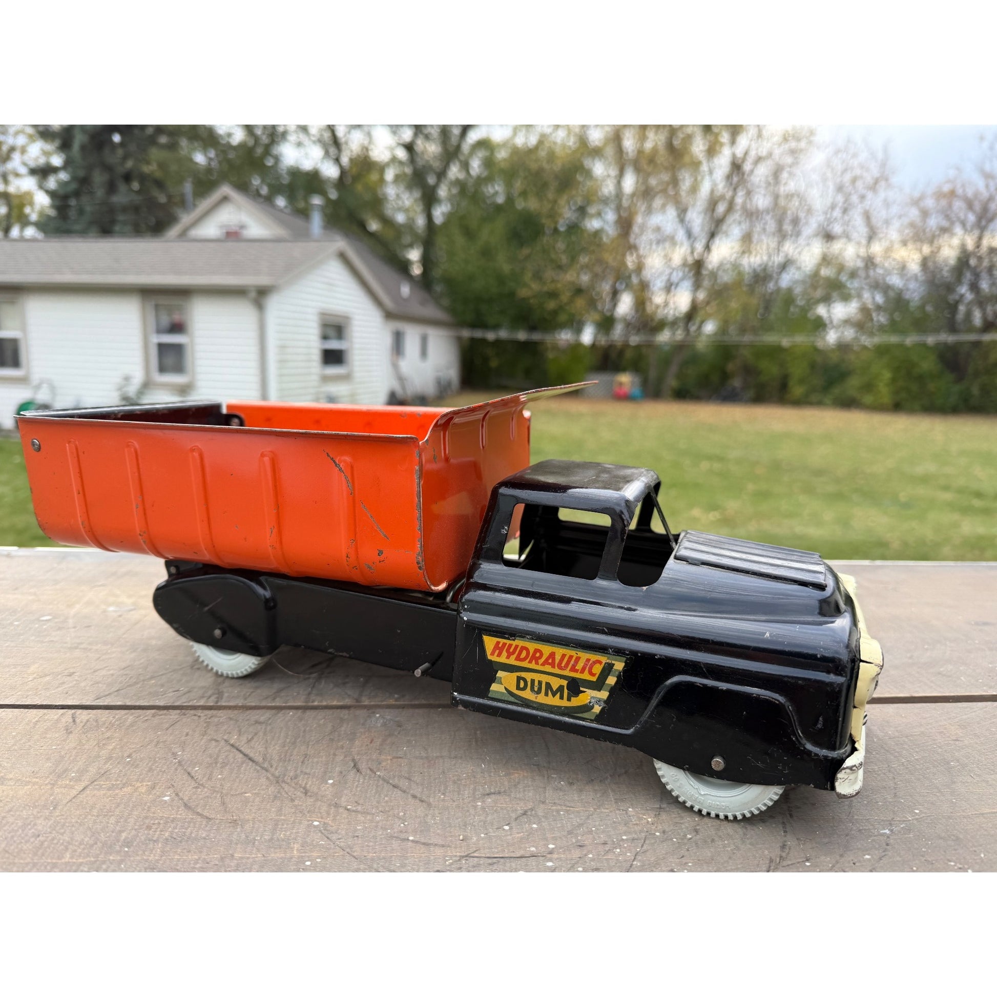 Vintage Marx Hydraulic Dump Truck Black & Orange Pressed Steel Toy