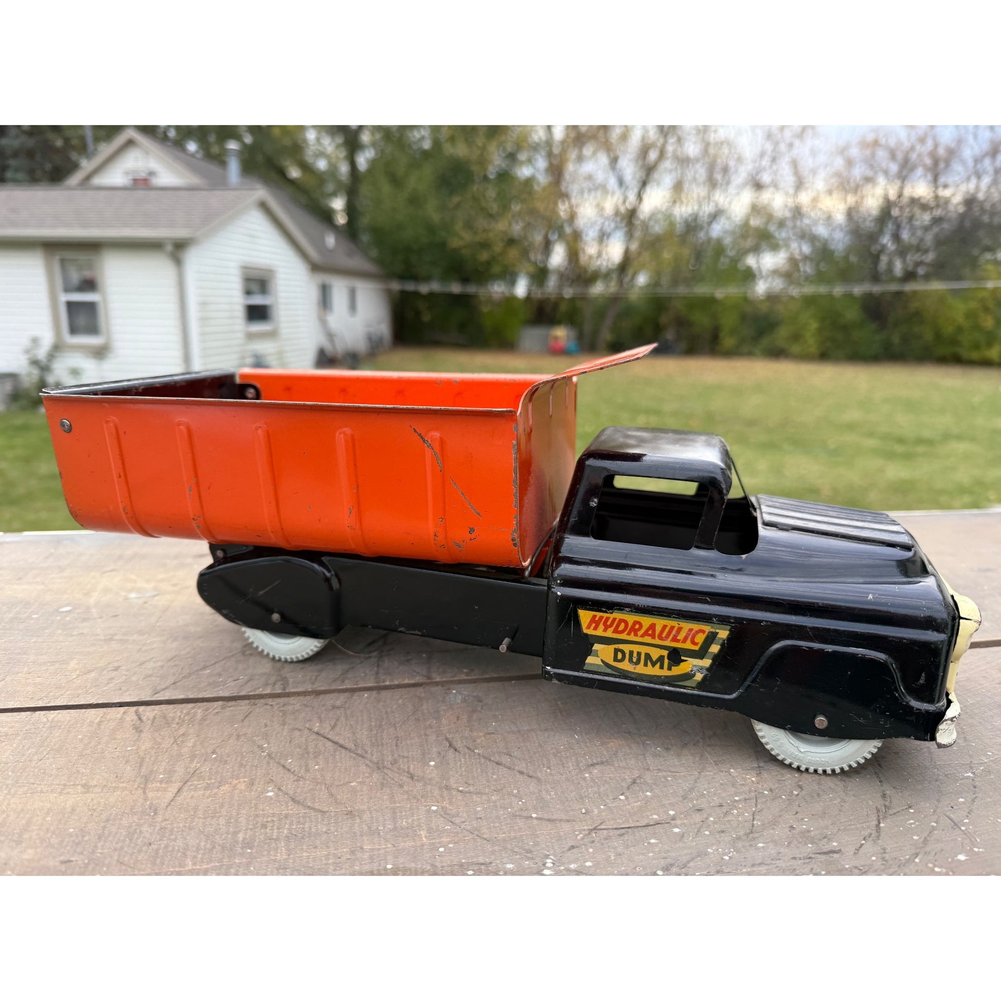 Vintage Marx Hydraulic Dump Truck Black & Orange Pressed Steel Toy