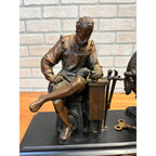 Antique New Haven Bronze Figural Mantle Clock Silversmith Shoemaker 8 Day Time & Strike Gong Clock