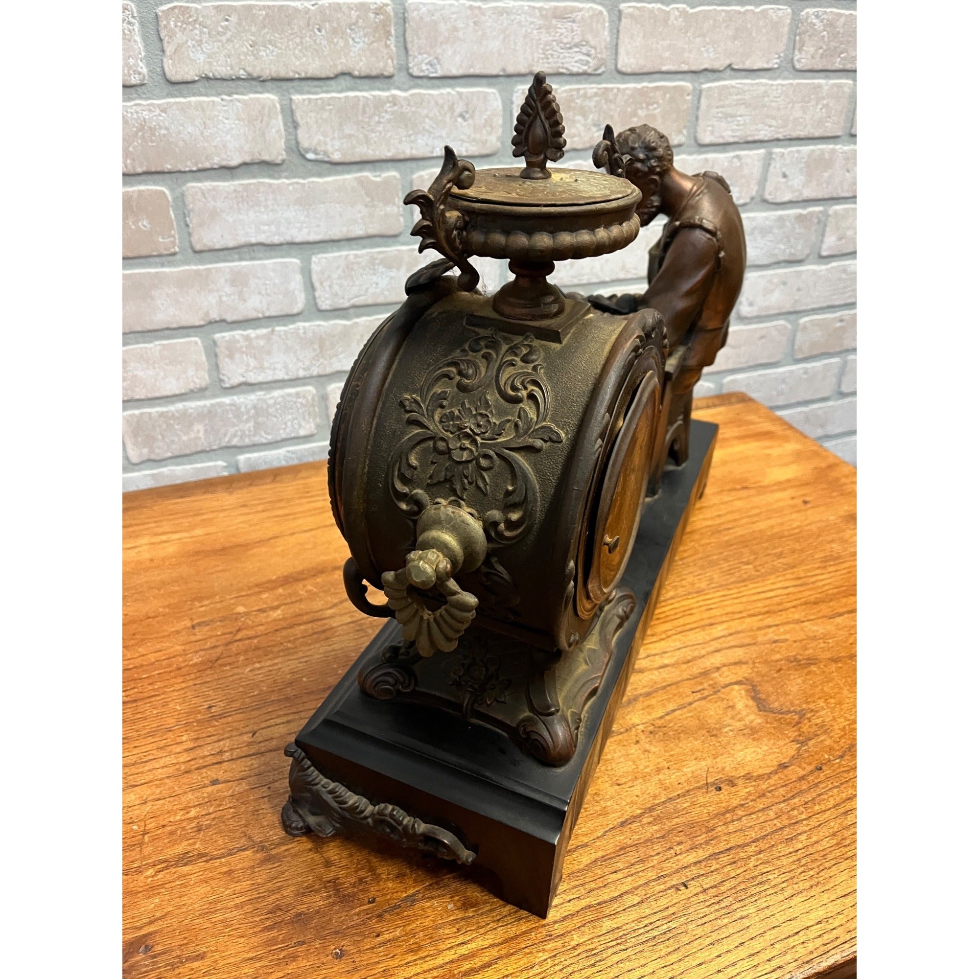 Antique New Haven Bronze Figural Mantle Clock Silversmith Shoemaker 8 Day Time & Strike Gong Clock