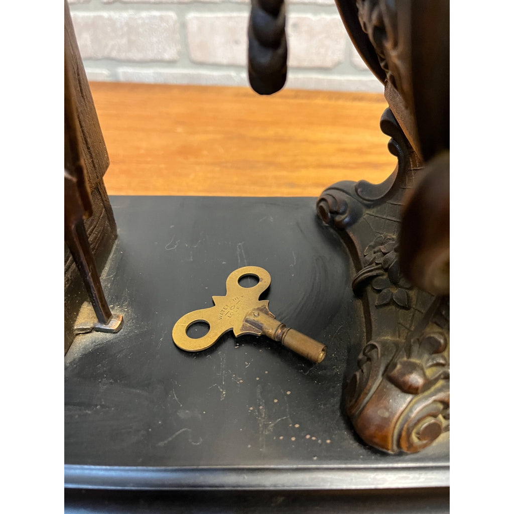 Antique New Haven Bronze Figural Mantle Clock Silversmith Shoemaker 8 Day Time & Strike Gong Clock