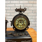 Antique New Haven Bronze Figural Mantle Clock Silversmith Shoemaker 8 Day Time & Strike Gong Clock