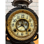 Antique New Haven Bronze Figural Mantle Clock Silversmith Shoemaker 8 Day Time & Strike Gong Clock