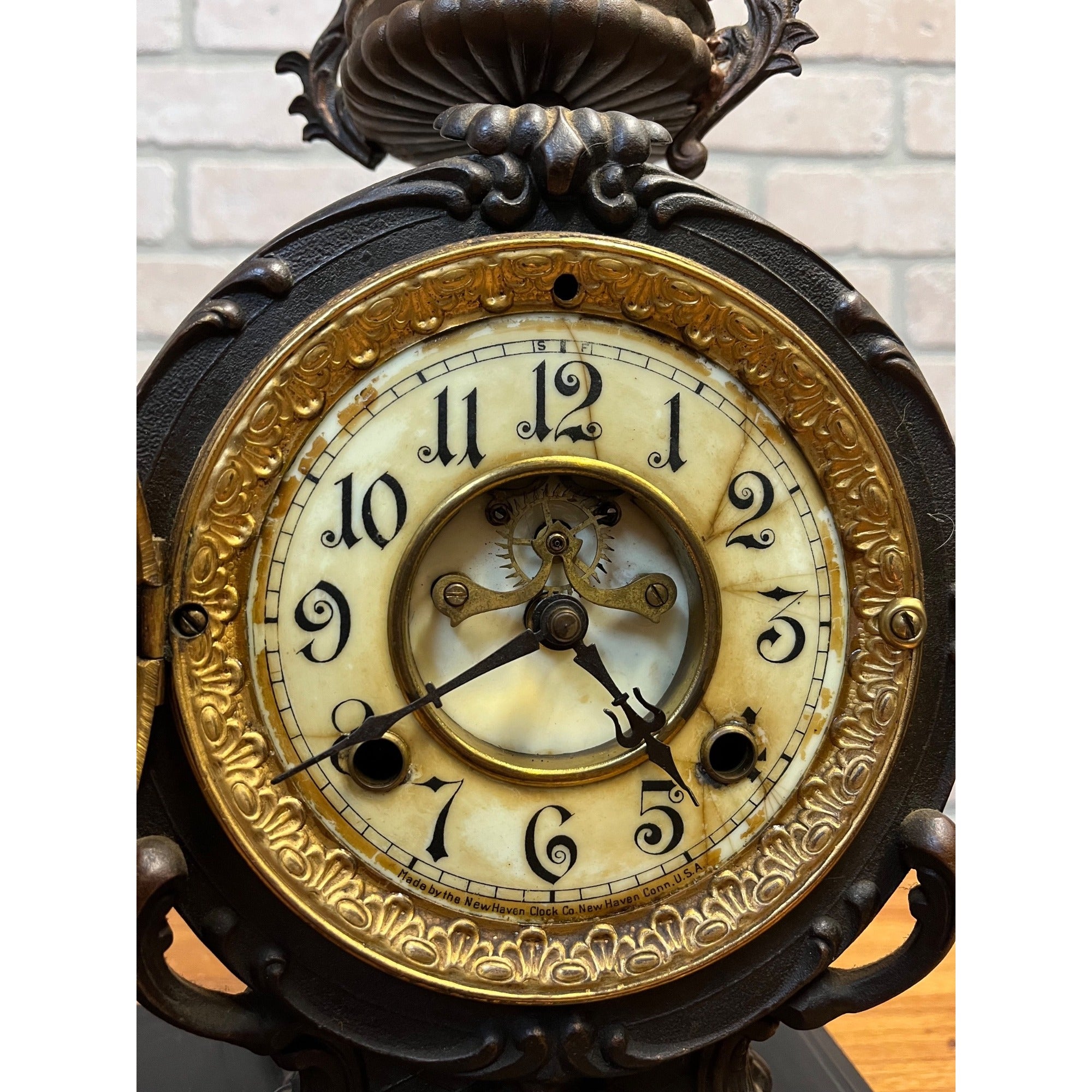 Antique New Haven Bronze Figural Mantle Clock Silversmith Shoemaker 8 Day Time & Strike Gong Clock