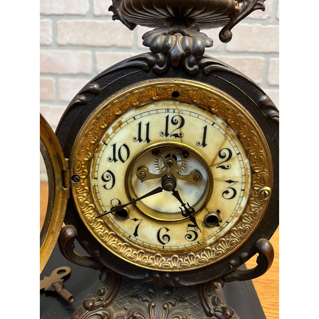 Antique New Haven Bronze Figural Mantle Clock Silversmith Shoemaker 8 Day Time & Strike Gong Clock