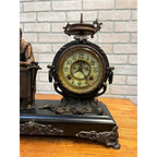 Antique New Haven Bronze Figural Mantle Clock Silversmith Shoemaker 8 Day Time & Strike Gong Clock