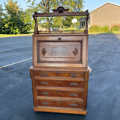 Antique Burr Walnut & Oak Early 1900s Victorian Secretary Desk Cabinet