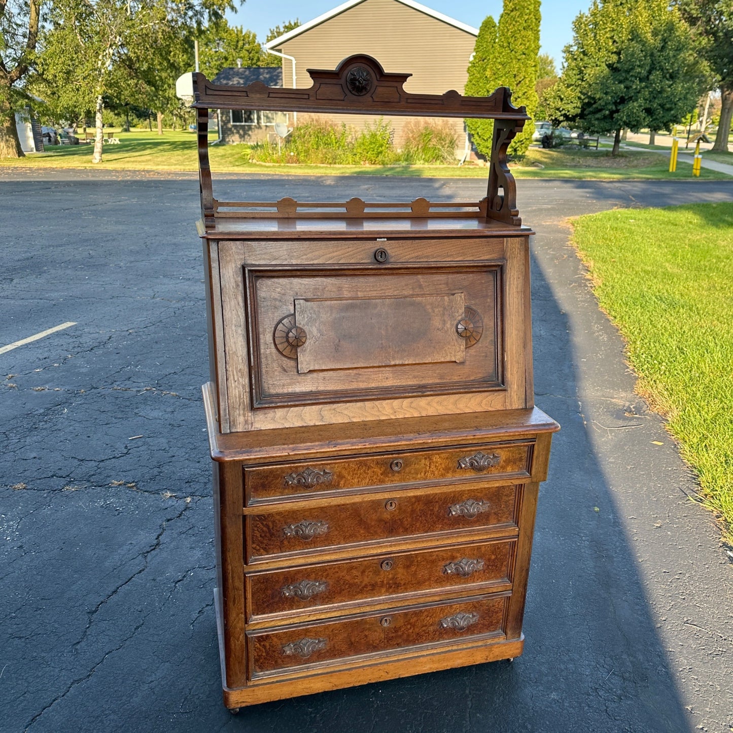 Antique Burr Walnut & Oak Early 1900s Victorian Secretary Desk Cabinet