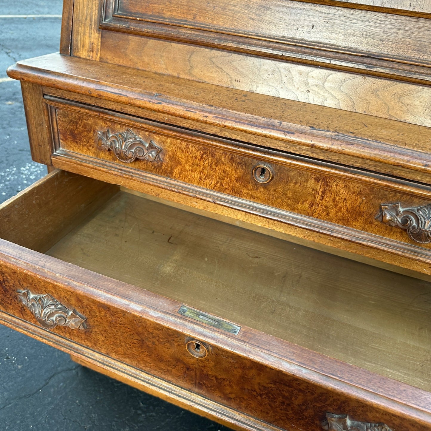 Antique Burr Walnut & Oak Early 1900s Victorian Secretary Desk Cabinet