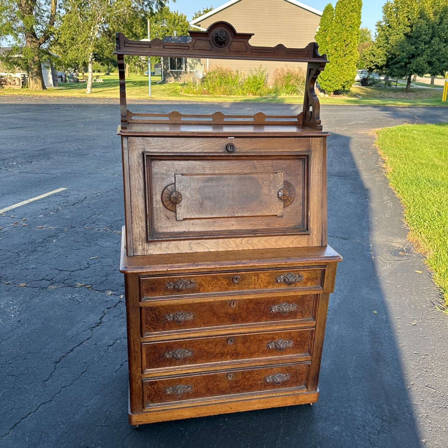 Antique Burr Walnut & Oak Early 1900s Victorian Secretary Desk Cabinet