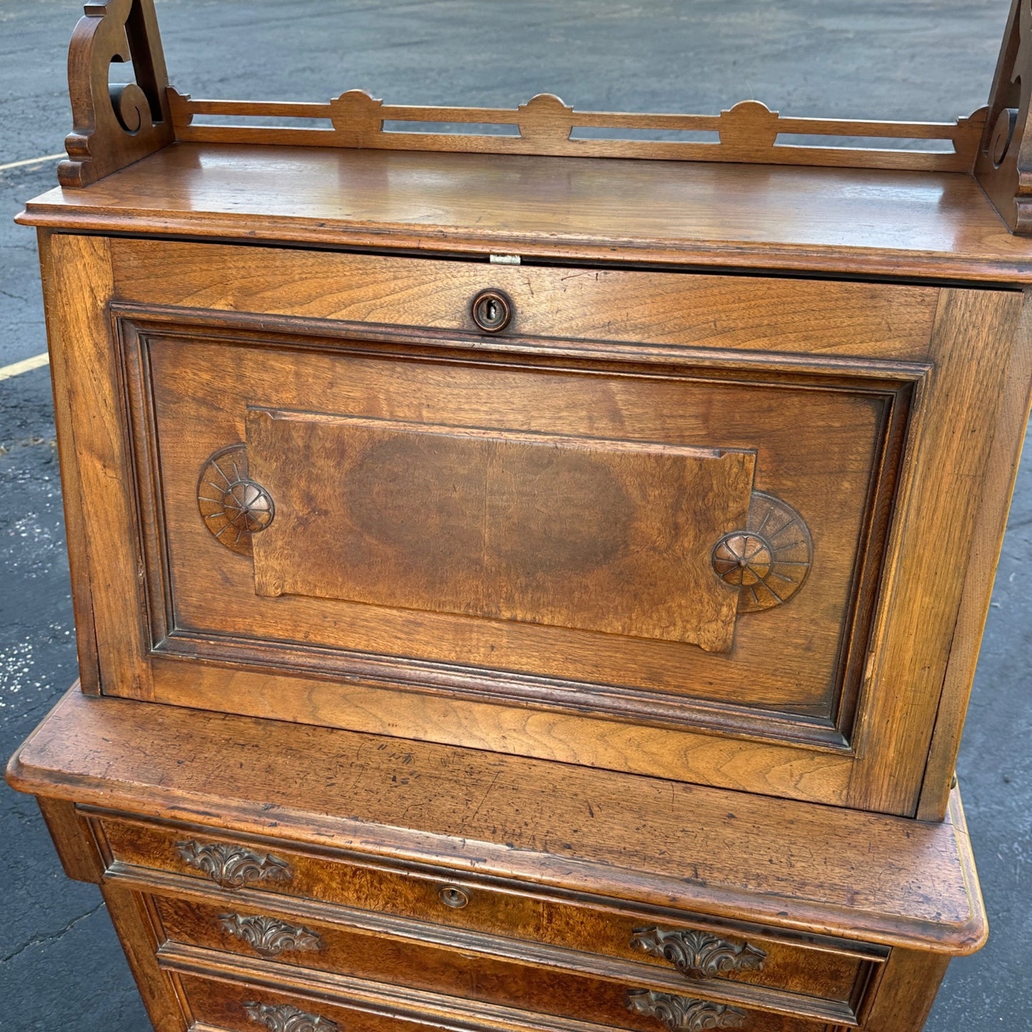 Antique Burr Walnut & Oak Early 1900s Victorian Secretary Desk Cabinet