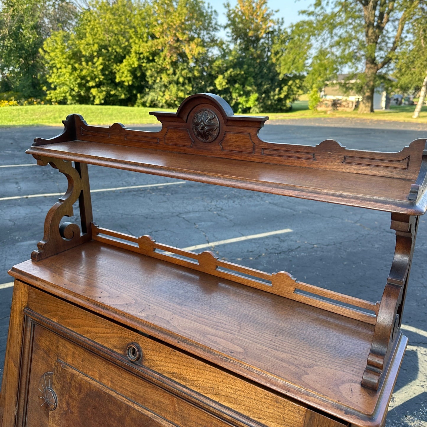 Antique Burr Walnut & Oak Early 1900s Victorian Secretary Desk Cabinet