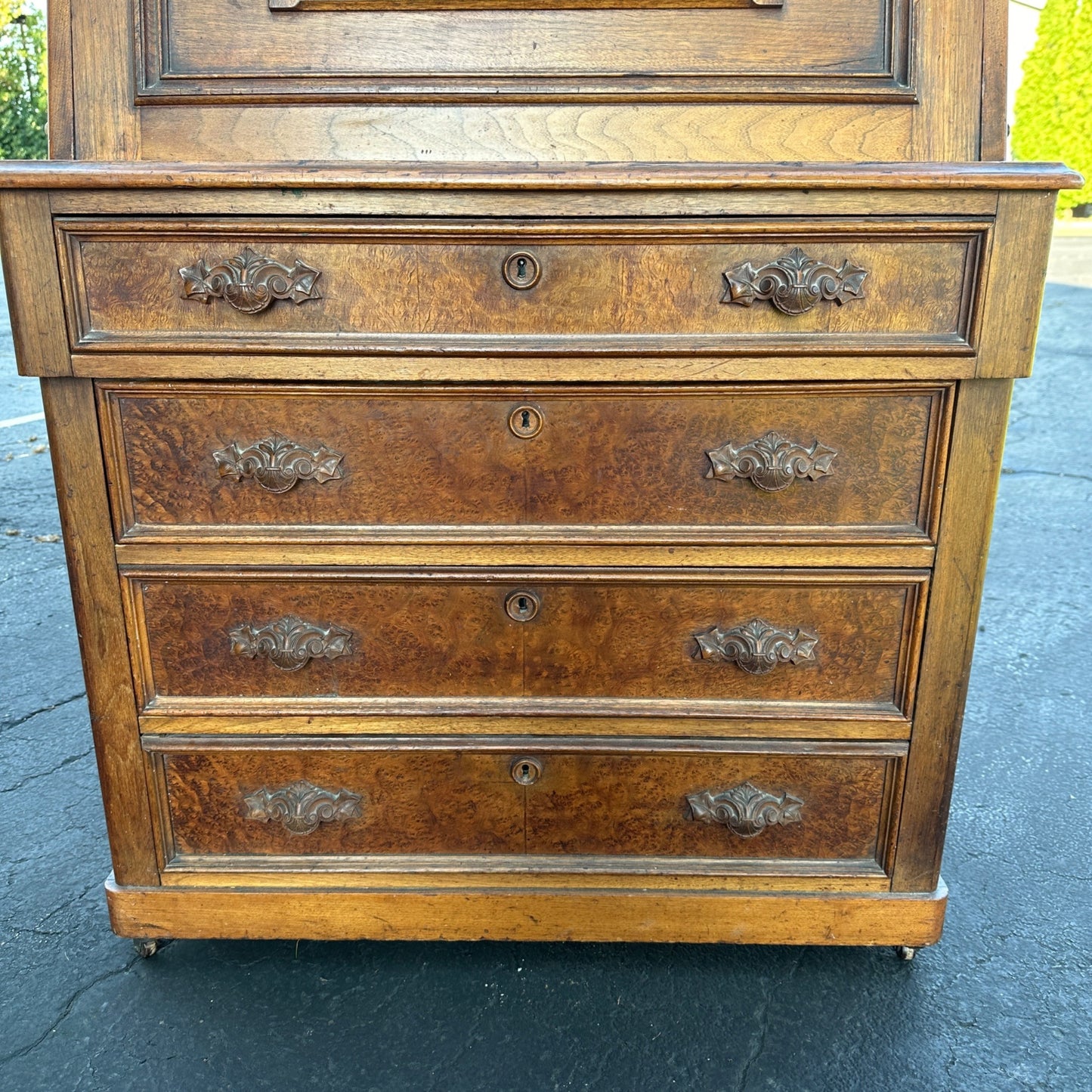 Antique Burr Walnut & Oak Early 1900s Victorian Secretary Desk Cabinet