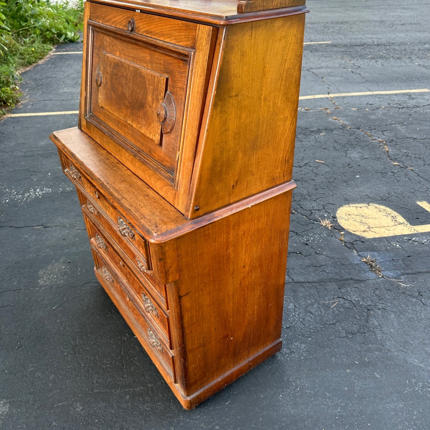 Antique Burr Walnut & Oak Early 1900s Victorian Secretary Desk Cabinet