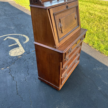 Antique Burr Walnut & Oak Early 1900s Victorian Secretary Desk Cabinet