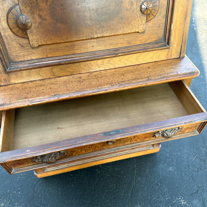 Antique Burr Walnut & Oak Early 1900s Victorian Secretary Desk Cabinet