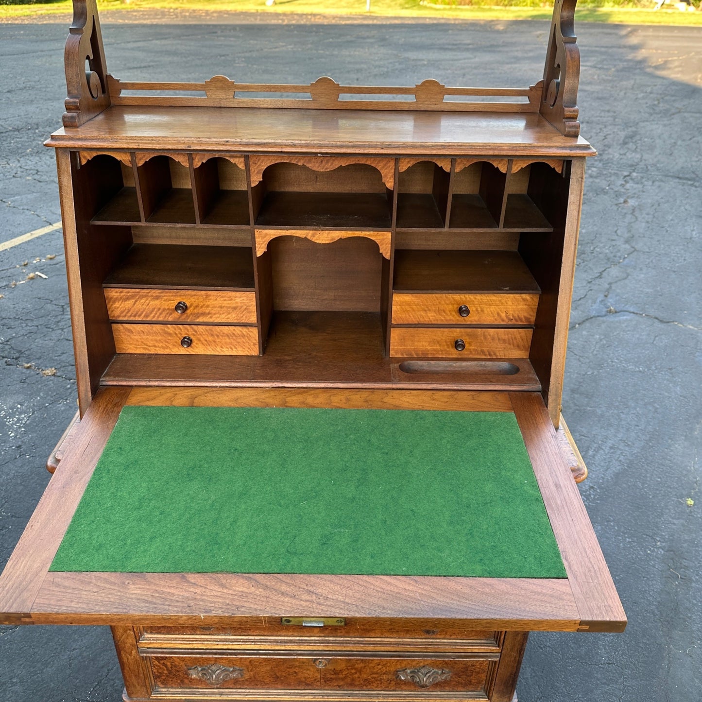 Antique Burr Walnut & Oak Early 1900s Victorian Secretary Desk Cabinet