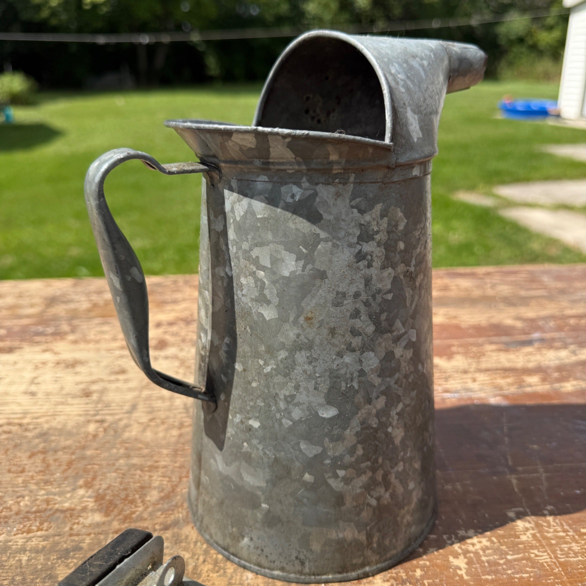 Vintage Galvanized 2qt Oil Pour Can w/ Extra Punch Pour Spout Steel
