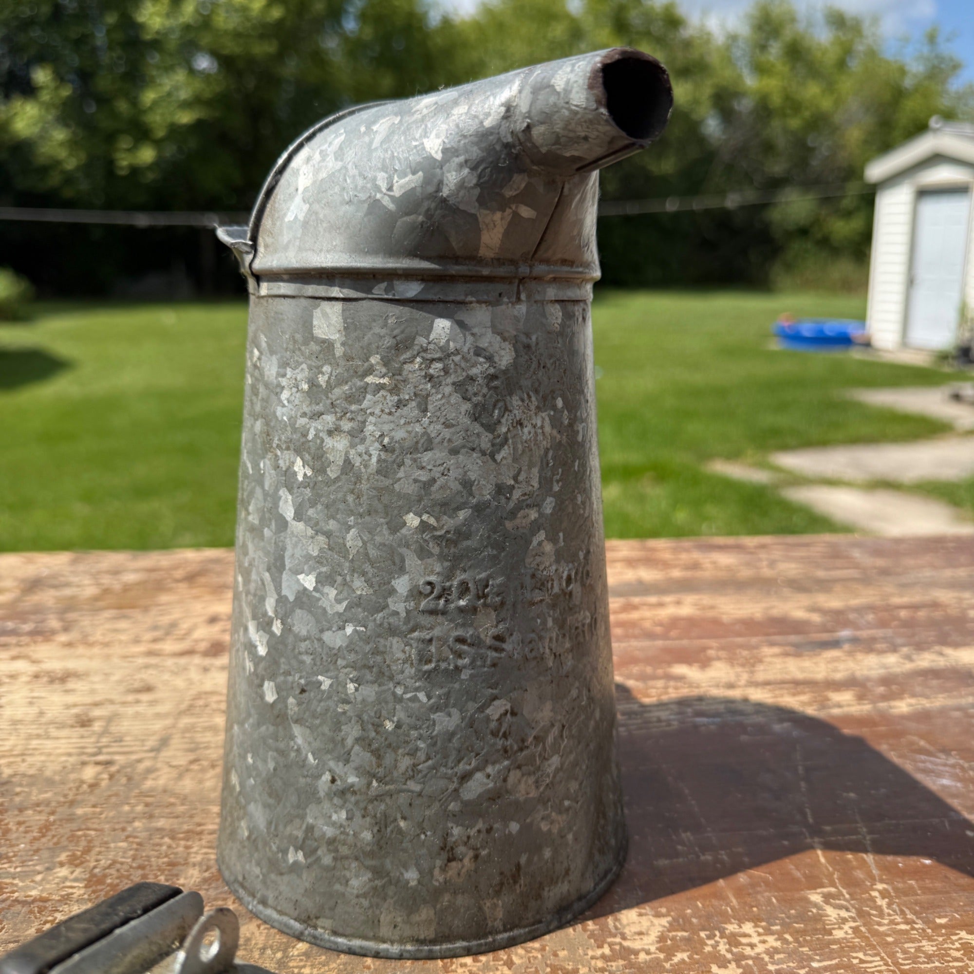 Vintage Galvanized 2qt Oil Pour Can w/ Extra Punch Pour Spout Steel