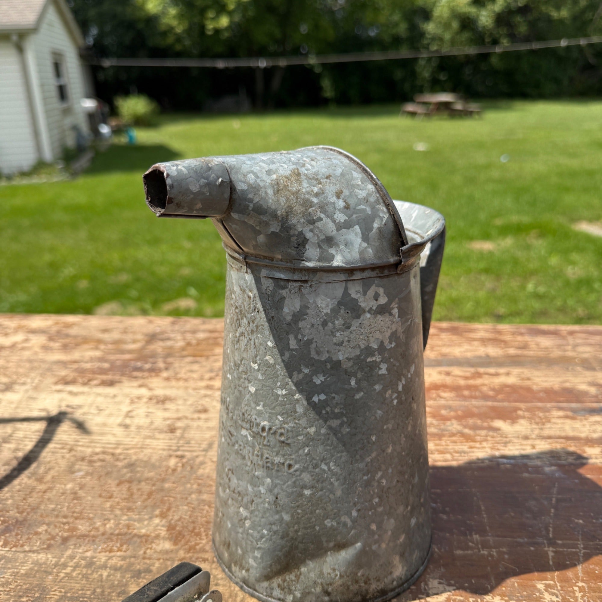 Vintage Galvanized 2qt Oil Pour Can w/ Extra Punch Pour Spout Steel