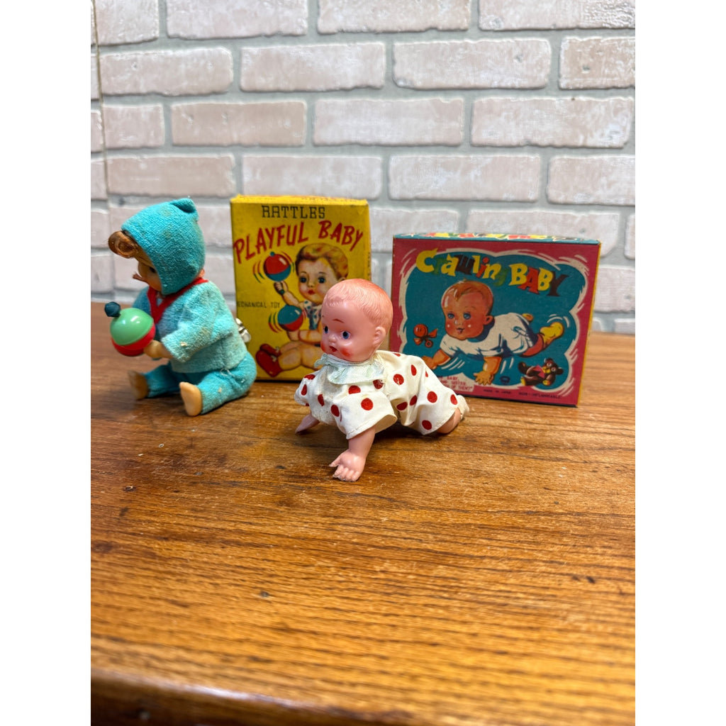 Pair Vtg 1960 Mechanical Wind Up Tin Doll Playful & Crawling Baby Toyland Toy Works