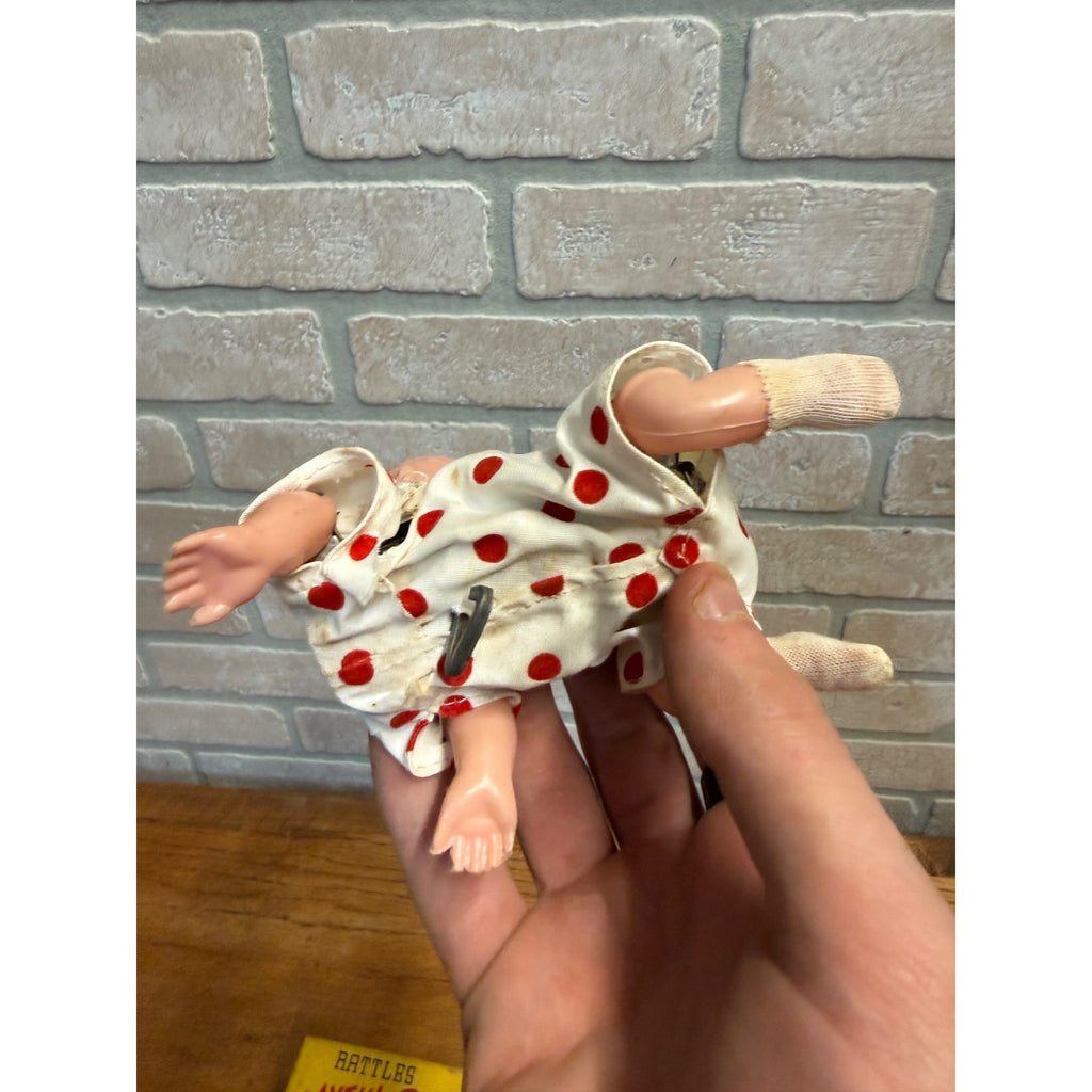 Pair Vtg 1960 Mechanical Wind Up Tin Doll Playful & Crawling Baby Toyland Toy Works