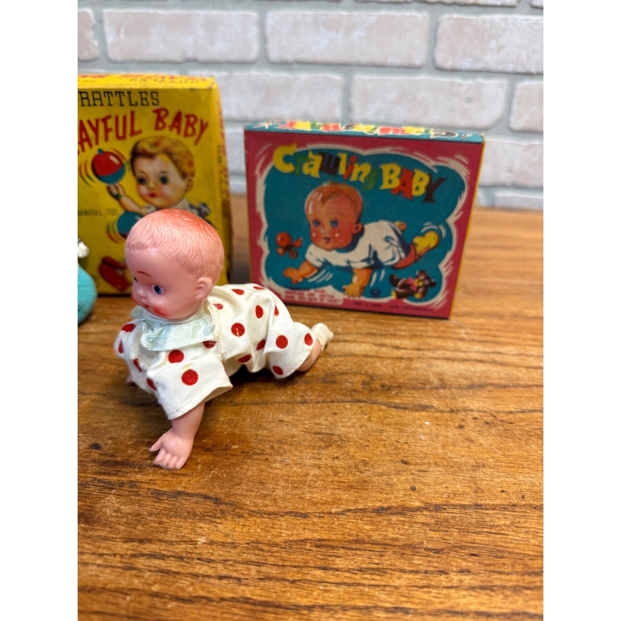 Pair Vtg 1960 Mechanical Wind Up Tin Doll Playful & Crawling Baby Toyland Toy Works