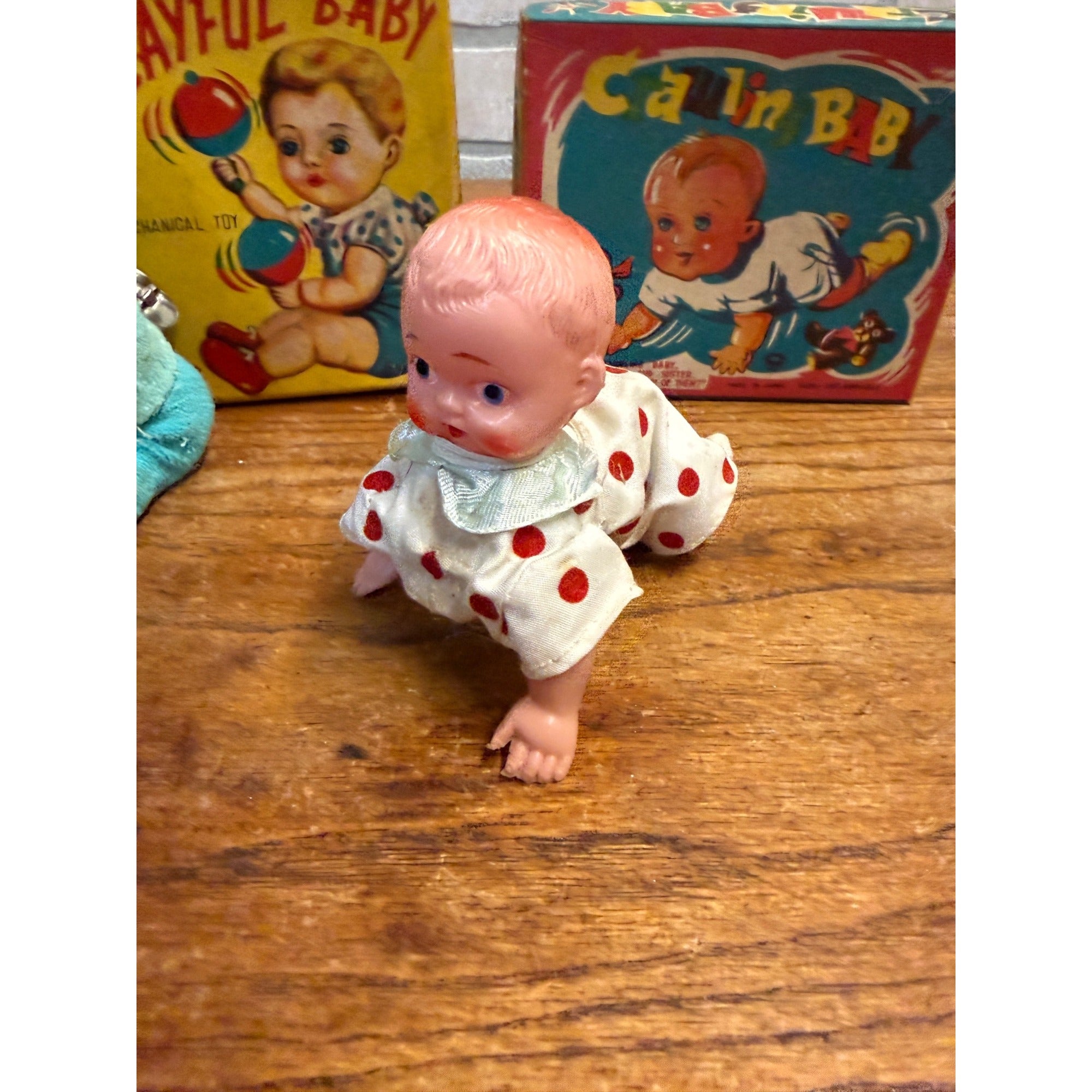 Pair Vtg 1960 Mechanical Wind Up Tin Doll Playful & Crawling Baby Toyland Toy Works