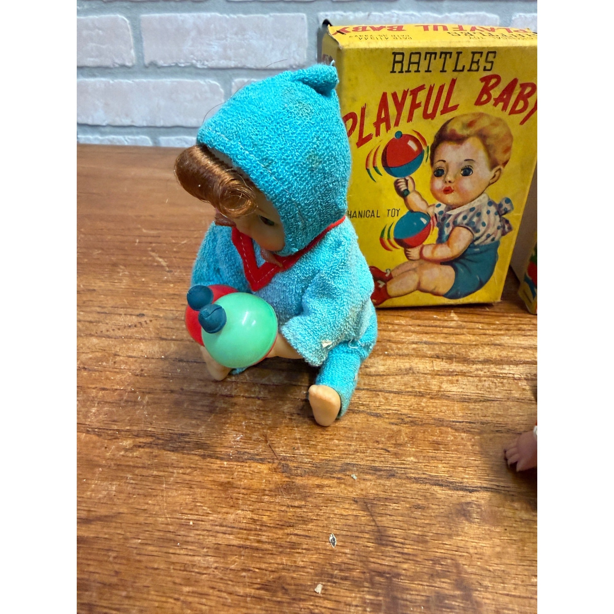 Pair Vtg 1960 Mechanical Wind Up Tin Doll Playful & Crawling Baby Toyland Toy Works