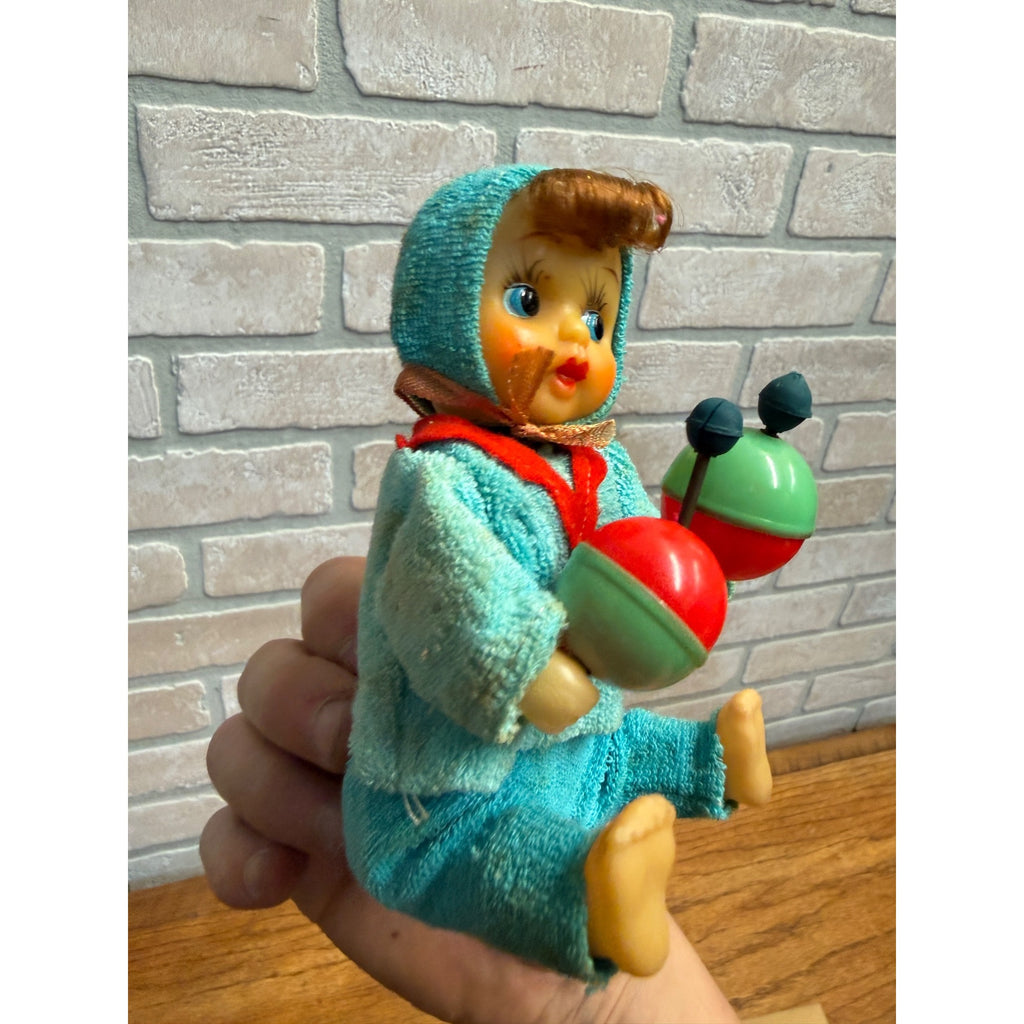 Pair Vtg 1960 Mechanical Wind Up Tin Doll Playful & Crawling Baby Toyland Toy Works