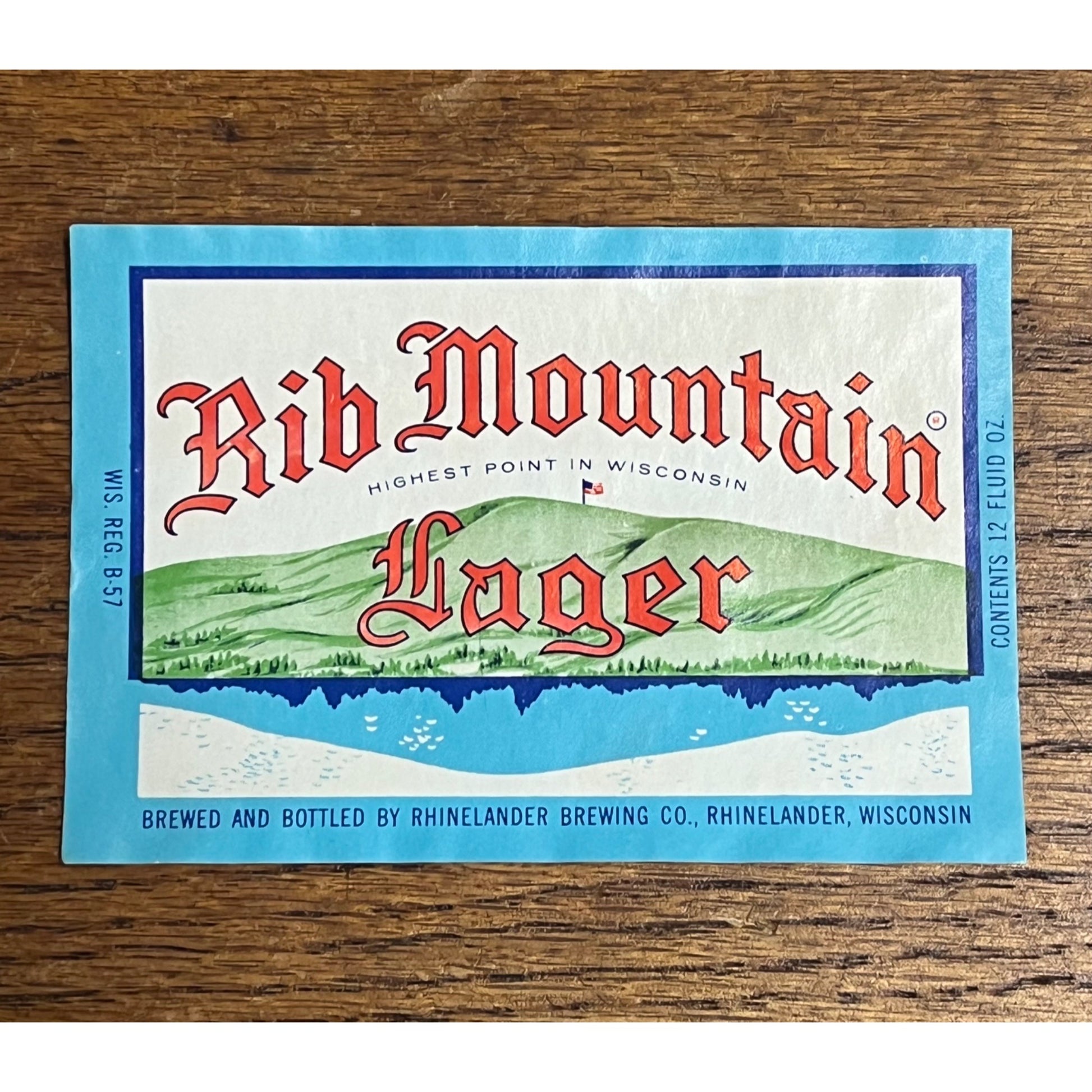 Vintage Rib Mountain Lager Beer Bottle Label Rhinelander Wisconsin 12oz WI Wis