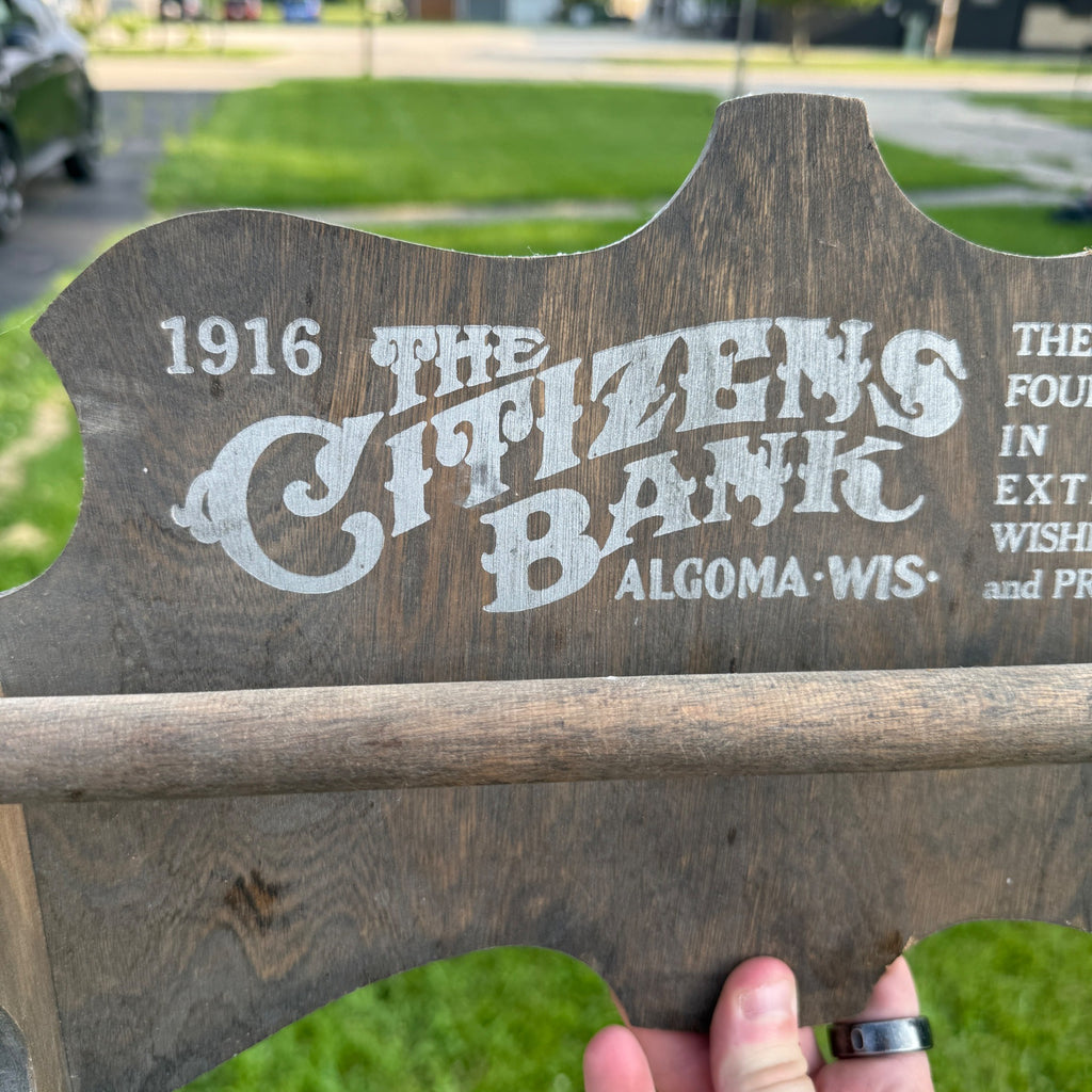 Antique 1916 "The Citizen's Bank" Algoma Wis Wooden Advertising Towel Rack Wall