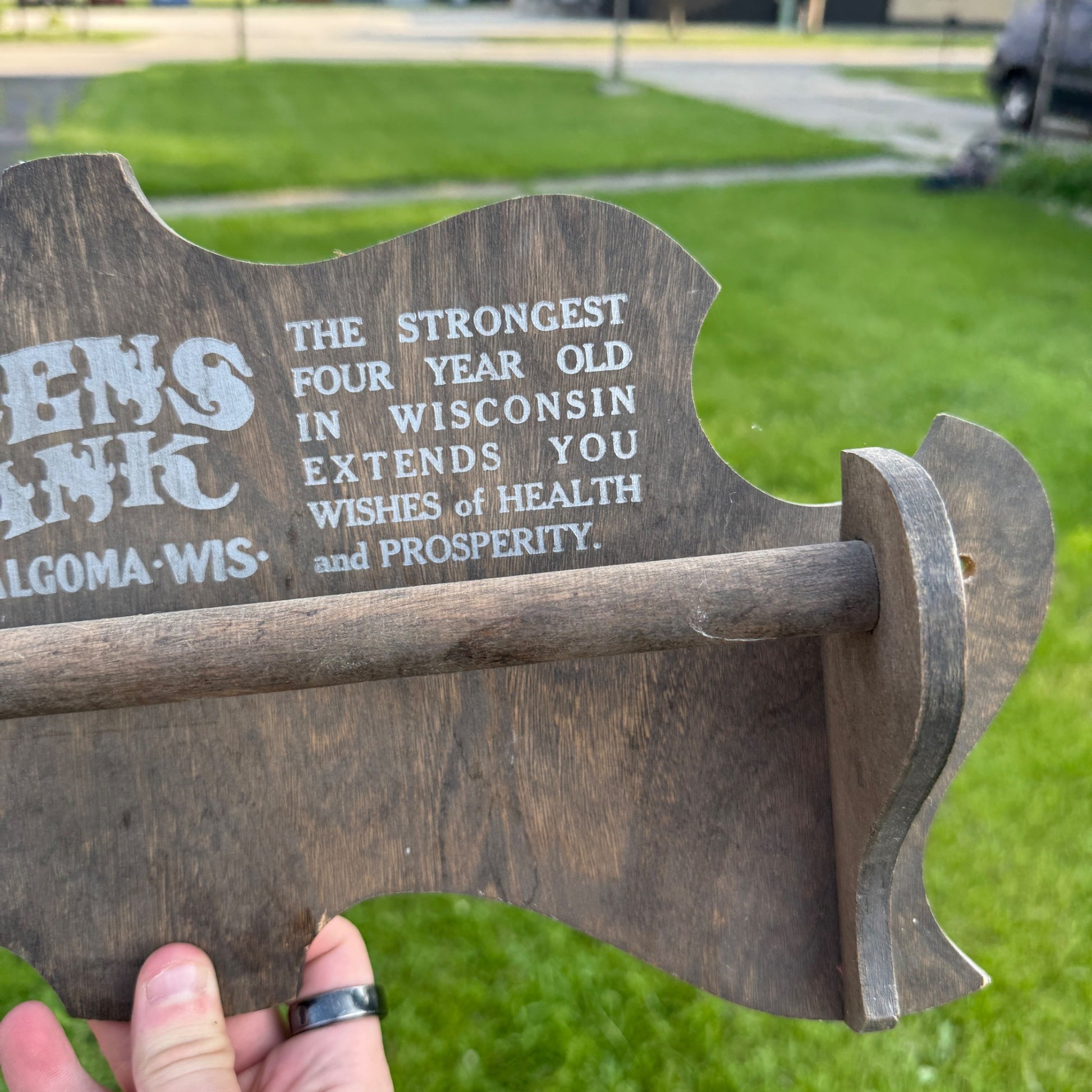 Antique 1916 "The Citizen's Bank" Algoma Wis Wooden Advertising Towel Rack Wall