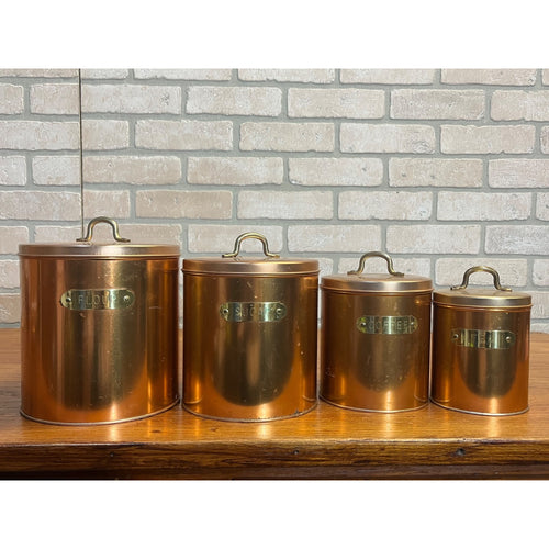 Vintage c1960s Nesting Kitchen Canister 5pc Set Copper Colored Retro Sugar Coffee ++