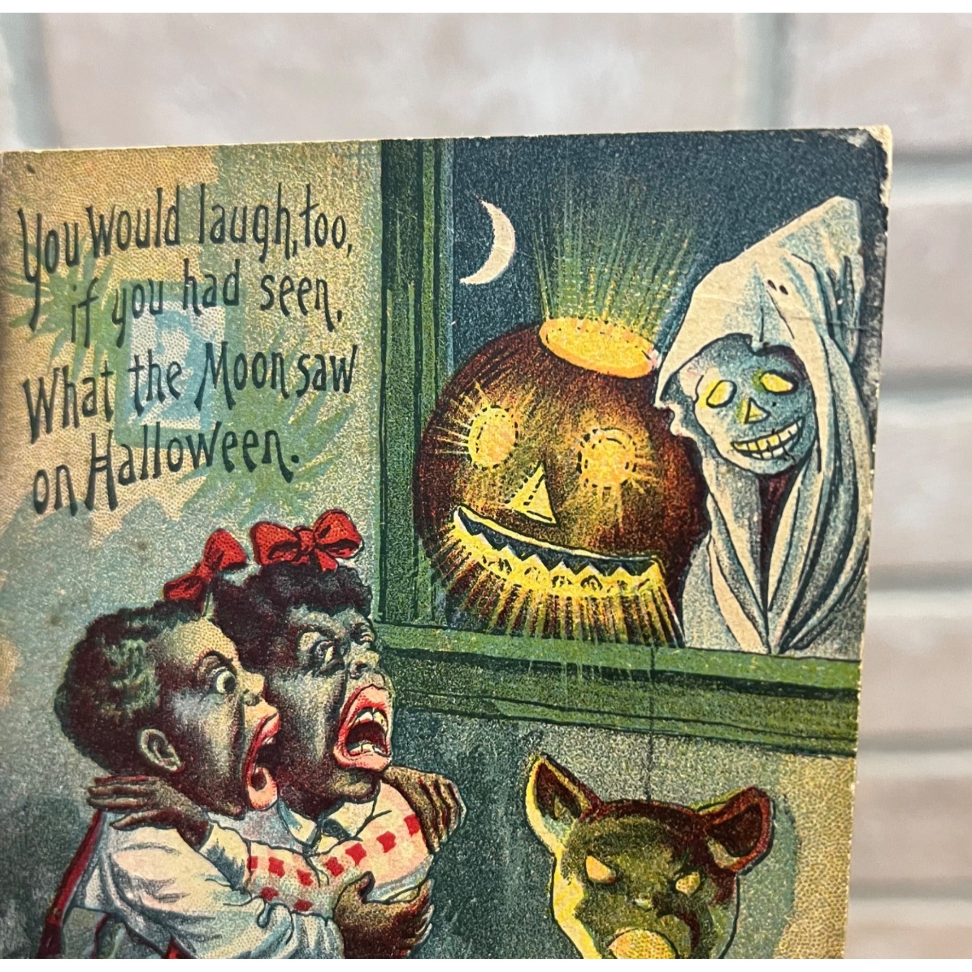 Vintage Halloween Postcard JOL Ghost Black Cat Scared Children - Series 6508