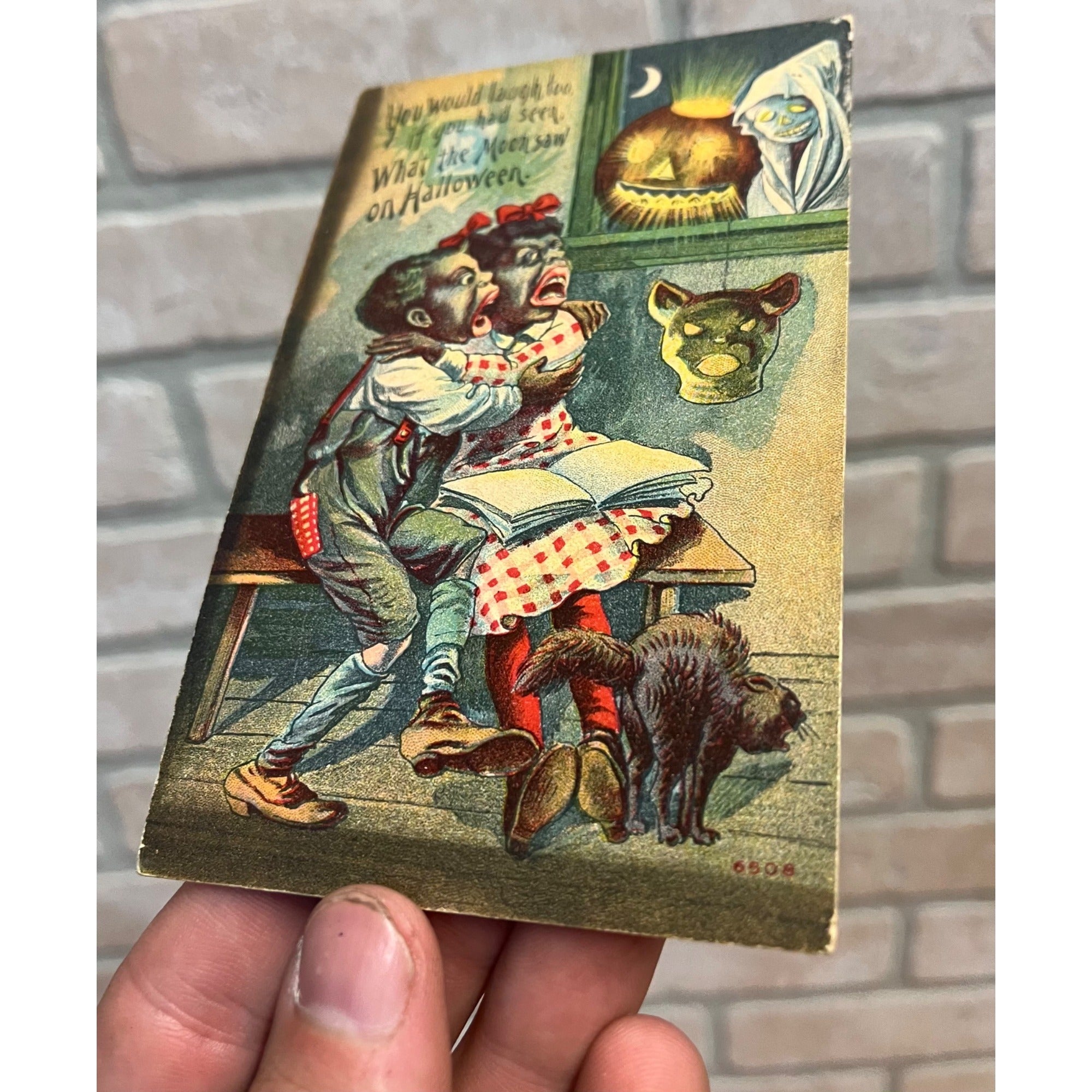 Vintage Halloween Postcard JOL Ghost Black Cat Scared Children - Series 6508