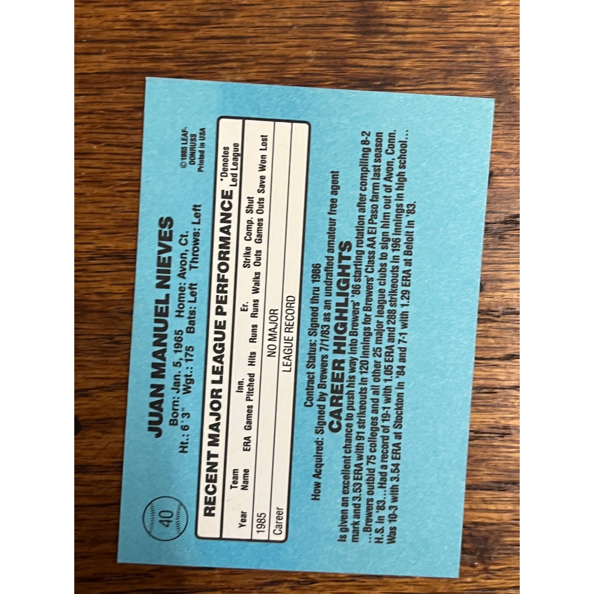 Juan Nieves Rookie Brewers Signed Autographed Donruss 1986 Baseball Card