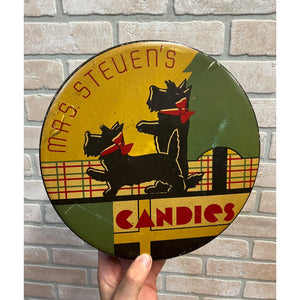 Vintage 1930s Mrs Steven's Candy Art Deco Container Tin Advertising Litho Terriers