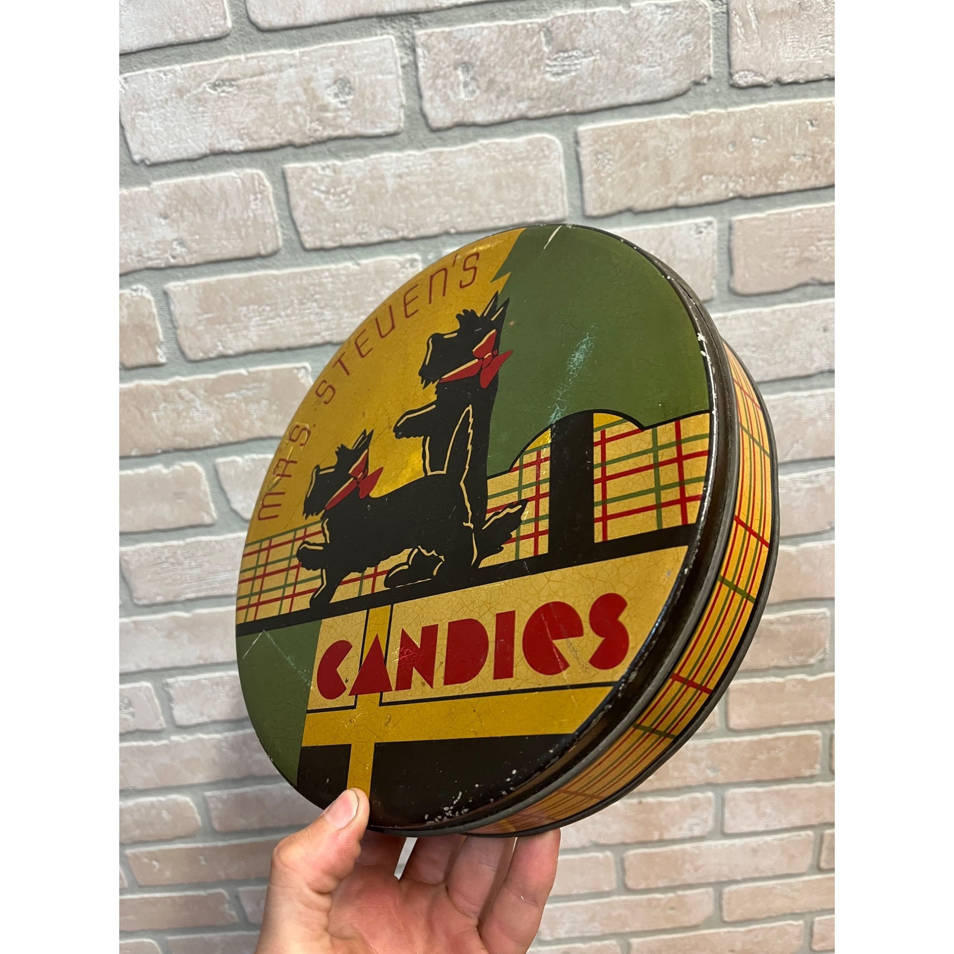 Vintage 1930s Mrs Steven's Candy Art Deco Container Tin Advertising Litho Terriers